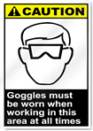 Goggles Must Be Worn When Working In This Area At All Times Caution Signs