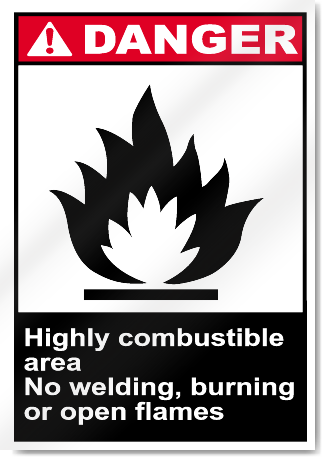 Highly Combustible Area No Welding, Burn Danger Signs