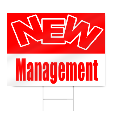New Management Sign in Red