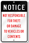 Not Responsible for Theft or Damage Sign