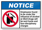 Employees Found To Be Under The Influence Notice Signs