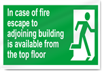 In Case Of Fire Escape To Adjoining Building Is Available From The Top Floor Safety Signs